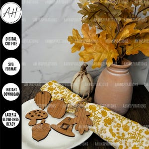Herbst Blatt Kürbis Geschenkanhänger, Thanksgiving Eichel Serviettenring, Glowforge Laser SVG Cut File, Pilz, Pilgrim Tablescape Tag, Herbst Tisch