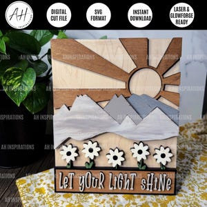 Laat je licht schijnen, tafeldecor Sunshine Mountain, bloemen Daisy Sitter, Glowforge SVG-laser digitaal snijbestand, lentecadeau