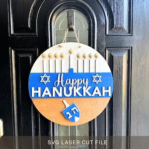 Hanukkah Jewish Holiday Door Decor SVG Menorah Laser Cut File Dreidel Glowforge Door Hanger for Hanukkah Star of David Sign Holiday Gift