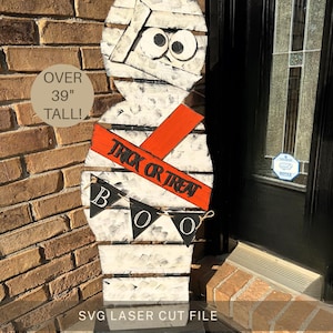 Halloween Tall Mummy Porch Sitter Large Fall Decoration Trick or Treat Sitters October Boo Glowforge SVG Laser Cut File Spooky Leaner