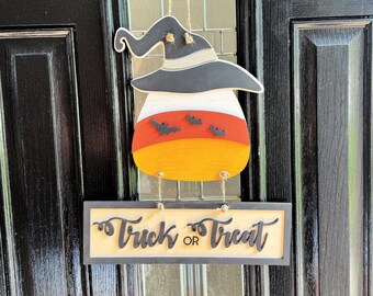 Letrero colgante de puerta de maíz dulce de Halloween para Glowforge Basic y Plus, archivo SVG láser de corte aterrador, divertido letrero de pared con murciélago de bruja