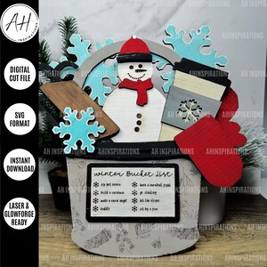 Winter bucketlist sitter, Glowforge SVG lasergesneden bestand, cadeau voor haar, tafelblad sneeuwpop koffie decoratie, sneeuwvlokken slee want sneeuw decor