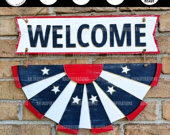 Patriotyczne wiszące chorągiewki, wieszak w gwiazdy i paski SVG, plik Glowforge America Cut, ekspozycja na Dzień Niepodległości, czerwono-biało-niebieska dekoracja USA