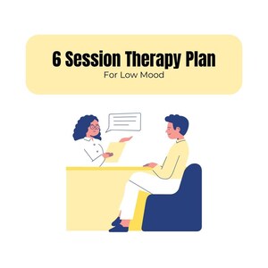 May include: Illustration of a therapist and a client sitting across from each other at a desk. The therapist is holding a piece of paper and the client is listening. The text above them reads "6 Session Therapy Plan For Low Mood".