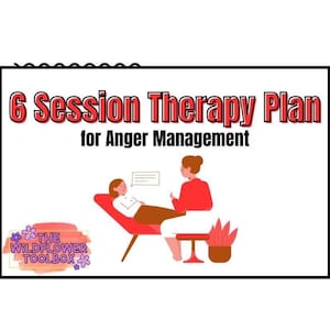 May include: Illustration of a therapy session for anger management. The image shows a therapist and a client in a red chair. Text reads "6 Session Therapy Plan for Anger Management". The Wildflower Toolbox logo is in the bottom left.