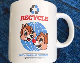 Vintage HTF SÄLLSYNLIG 1989 Disney Chip och Dale Återvunnet Kaffe Te Kopp Mugg