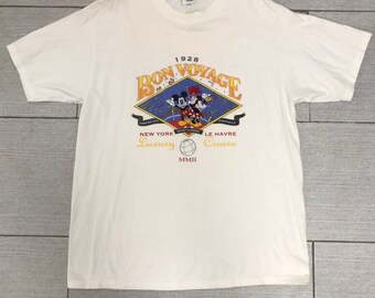 SÄLLSYNT EUC Vintage The Disney Store Broderad Musse och Minnie Bon Voyage-skjorta