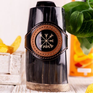 Vegvisir Norse Protection Symbol Horn Mug, Viking Drinking Horn, Beer Mugs with Handles, Personalized Horn