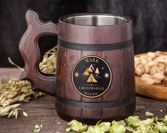 Rustic Oak Beer Mug with Stainless Insert, Custom Groom Tankard, Handmade Wedding Stein