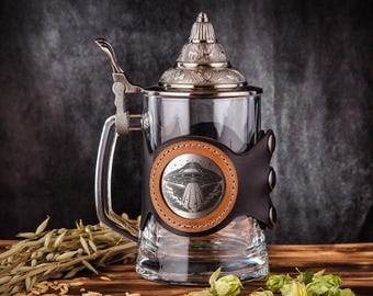 UFO Beer Mug with Lid, Personalized Beer Glass, Custom Glassware, Beer Stein
