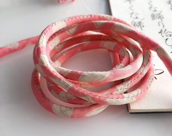 Japanese Silk Cord – Pink & White Fan Pattern – Upcycled Kimono Fabric – 100cm Jewelry Making Supply – 5mm Padded Craft Cord – Made in Japan