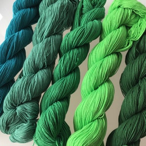 May include: Five skeins of yarn in shades of green, teal, and blue. The yarn is arranged in a fan shape, with the darkest shade at the bottom and the lightest shade at the top.