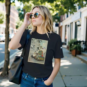 Japanese Ukiyo-e Samurai Art T-Shirt – Moonlight Over Chikubushima – Taira no Tsunemasa – Black Unisex Cotton Top – Gift for Art Lovers