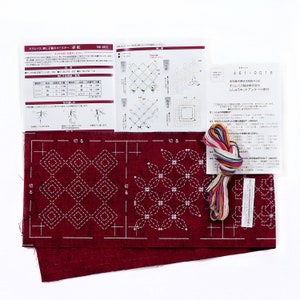 Olympus Sashiko Coasters  Kit 5pc /Red SK-401/ Cotton 100% for beginners /Japan boro Embroidery/Japanese Handicraft Kit