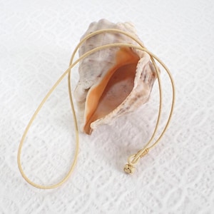 May include: A gold-toned necklace with a fine chain and a small, decorative knot clasp. The necklace is draped over a large, beige seashell with an orange interior, set against a white textured background. The jewelry is a simple, elegant design.