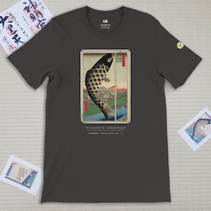 Hiroshige Ukiyo-e T-Shirt – Suidobashi Surugadai – Carp Streamer & Mt. Fuji – Edo Japanese Art Tee – Vintage Black