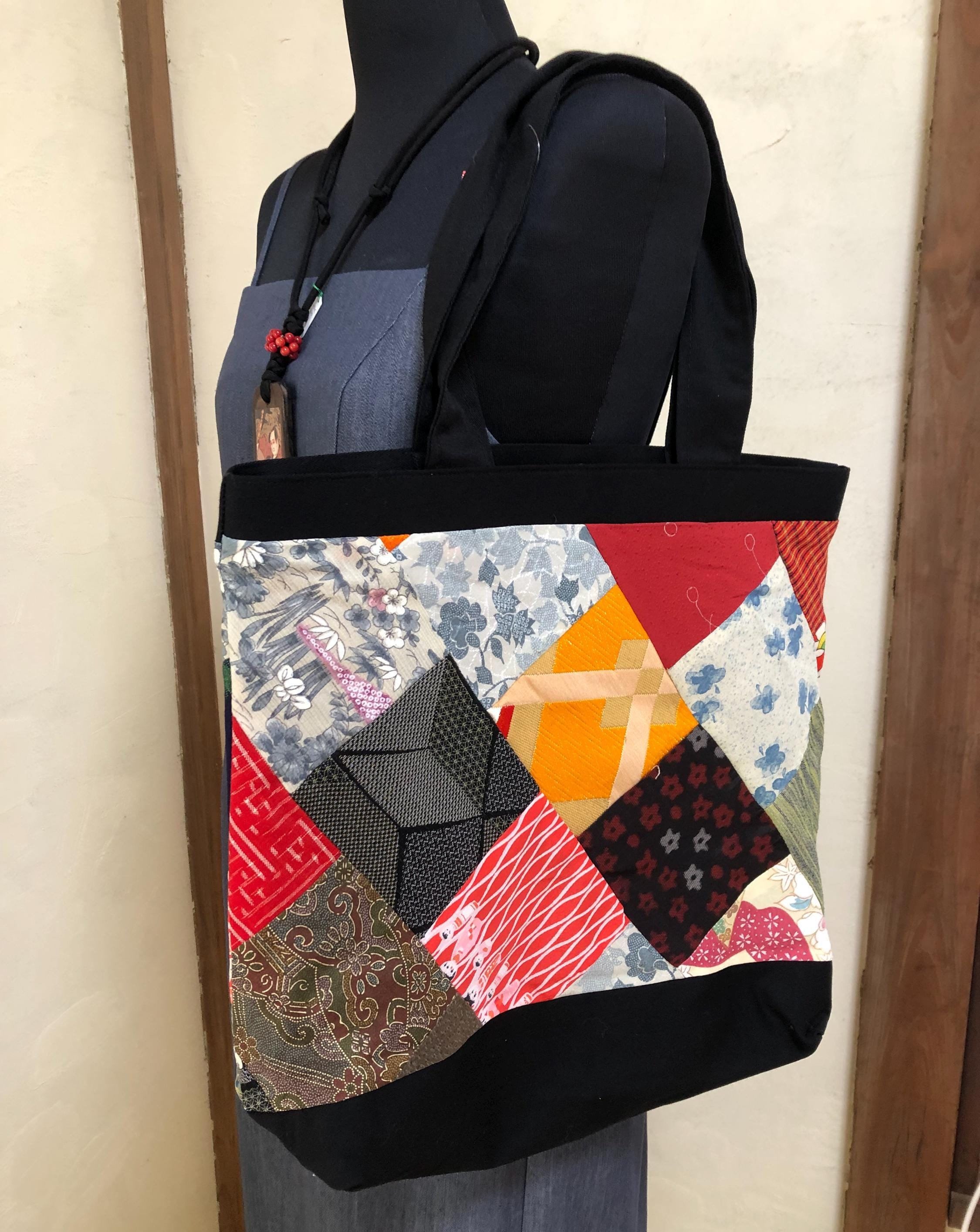 Handmade Tote Bag with Upcycled Japanese Kimono - Unique Statement Piece #16