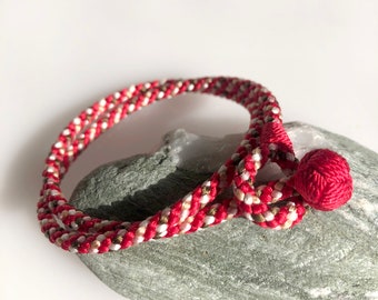 Bracelet double tour kumihimo en soie rouge - fabriqué avec un savoir-faire traditionnel et japonais, bracelet kimono fait main