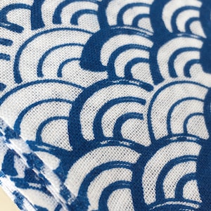 Japanese tenugui towel fabric 90cm Japanese traditional pattern Seikaiha Blue weave /Cotton 100% / Made in Japan image 1