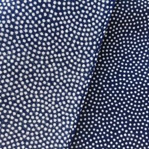 May include: Two pieces of blue fabric with a white polka dot pattern. The fabric on the left has a slightly larger polka dot pattern than the fabric on the right.