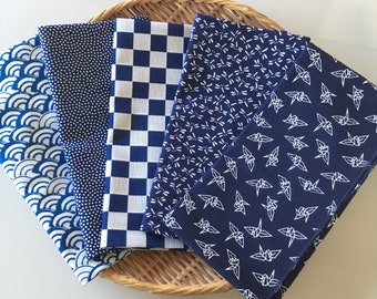 Lot de 5 serviettes japonaises tenugui à motif bleu traditionnel/coton 100 %/fabriqué au Japon/38 x 35 cm