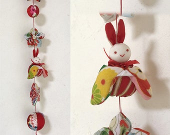 Kimono upcycled Silk kimono fabric hanging decoration 1pc rabbit doll/ made of vintage Japanese kimono fabric.