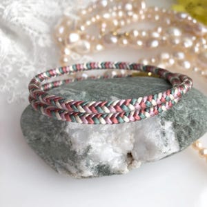 Silk kumihimo Double-wrap bracelet Pink Green mix- Handmade Kimono Bracelet with magnetic clasp