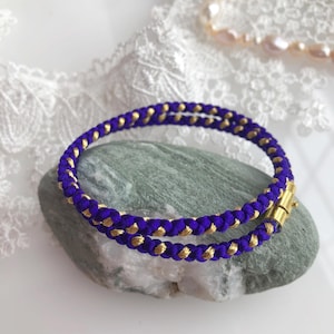 Silk kumihimo Double-wrap bracelet Purple & gold mix- Handmade Kimono Bracelet with magnetic clasp