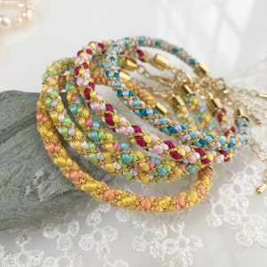Kawaii Cute Kumihimo Bracelet with Twisted Gold Threads Toray Silk/ made in JAPAN