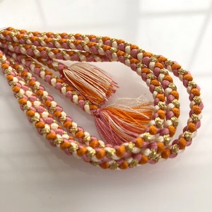 Orange, Pink, Cream & Gold Silk  braided cord 3.5mm 150 cm, for belts kumihimo Japanese Kimono Obi Jime Sash Belt Cord Braid