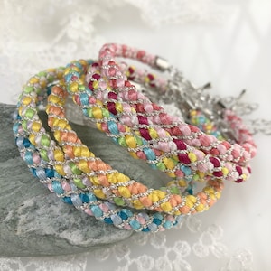 Kawaii Cute Kumihimo Bracelet with Twisted Silver Threads Toray Silk/ made in JAPAN