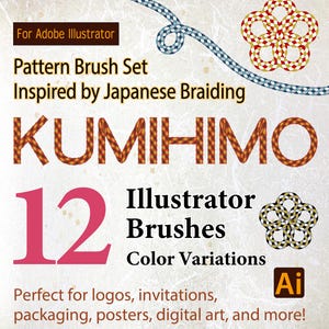 May include: A digital art graphic with the text "KUMIHIMO" in a braided rope style. The image promotes a pattern brush set for Adobe Illustrator, inspired by Japanese braiding, with 12 brushes and color variations. The text also mentions the product is perfect for logos, invitations, and digital art.