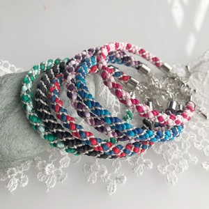 Kumihimo Bracelet with Twisted Silver Threads Toray Silk/ made in JAPAN
