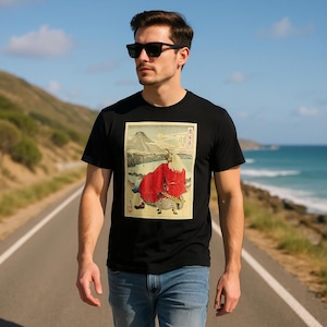 Japanese Ukiyo-e Samurai Art T-Shirt – Moonlit View from Kiyomigata – Takeda Shingen – Black Unisex Cotton Top – Gift for Art Lovers