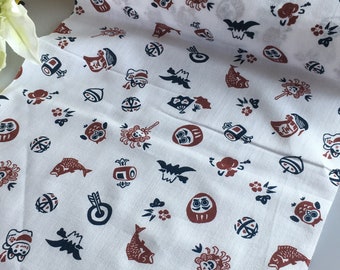 Serviette japonaise tenugui en tissu 90 cm, motif traditionnel japonais « Porte-bonheur japonais » / Coton 100 % / Fabriqué au Japon
