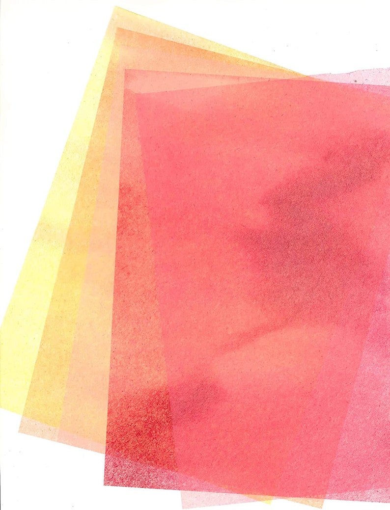 May include: Four sheets of translucent paper layered on top of each other. The top sheet is a vibrant red, the second sheet is a lighter orange, the third sheet is a pale yellow, and the bottom sheet is a very light yellow.