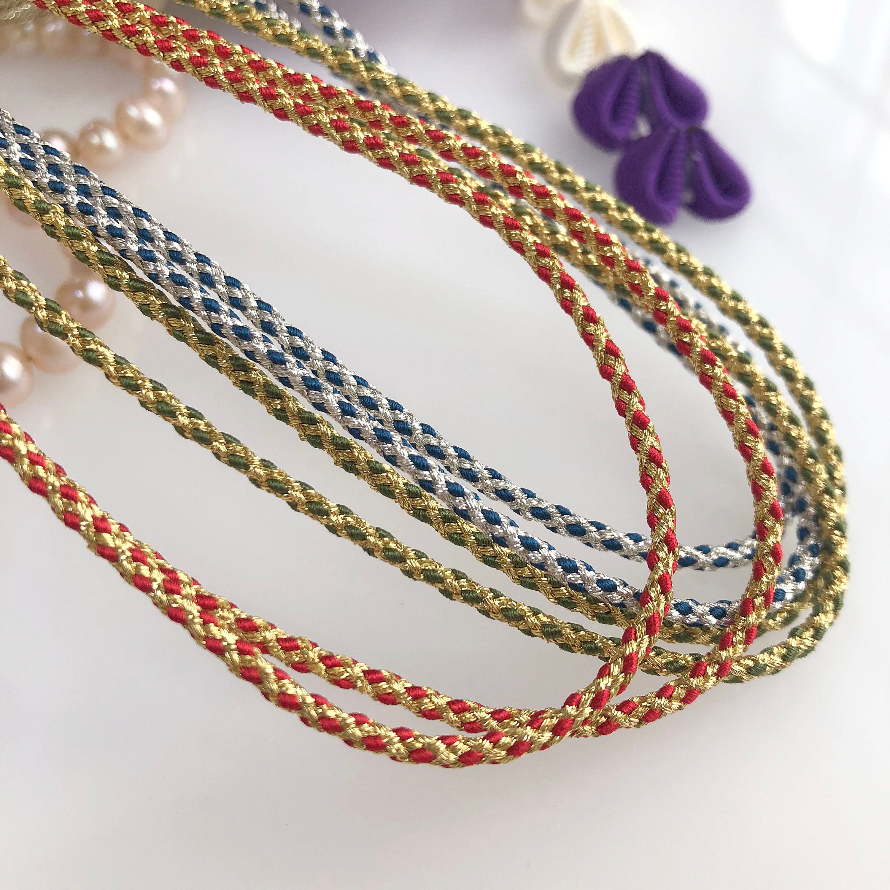 Silk 2 color braided cord kumihimo 1mm 2meters Japanese silk cord “youkaku”  - Atelier Miyabi