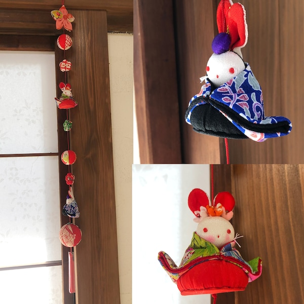 Kimono upcycled Silk kimono fabric hanging for girls festival decoration 2 rabbit doll/hina matsuri/ made of vintage Japanese kimono fabric.