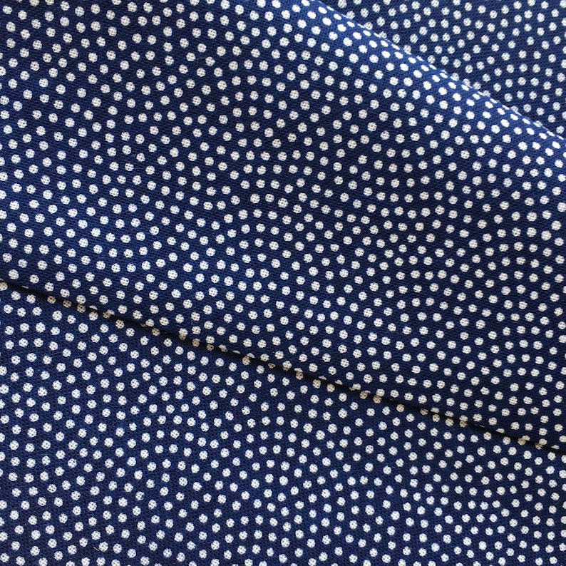 May include: A close-up of a blue fabric with a white polka dot pattern.