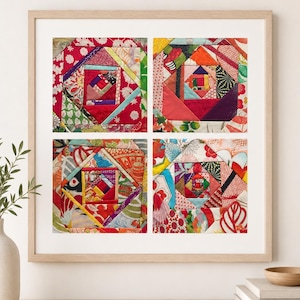 May include: A square wall art piece in a light wood frame featuring four distinct quilt blocks. Each block is composed of various colorful fabric scraps in red, orange, yellow, green, and blue, arranged in intricate geometric patterns.