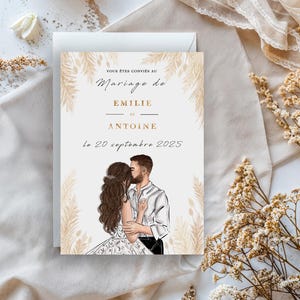 Wedding announcement, couple drawing, Wedding announcement France, dried flowers, pampas