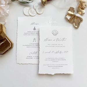 Invito di nozze con bordo strappato, conchiglia, invito in carta di cotone, matrimonio in mare