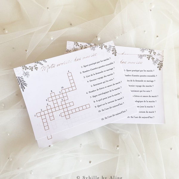 Mots croisés mariage, jeux mariage, mots croisés invités, Wedding stationery