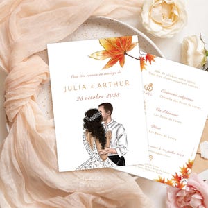 Faire-part Mariage, dessin couple, faire-part automne, mariage automne, feuille érable