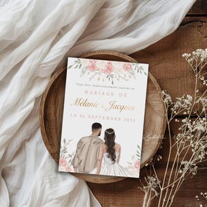 Wedding announcement, Illustrated announcement, Couple drawing, France announcement, powder pink flowers