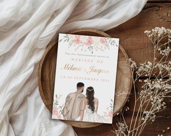 May include: A wedding invitation with a floral design and the text "Vous êtes chaleureusement conviés au MARIAGE DE Melanie & Jacques LE 06 SEPTEMBRE 2025".