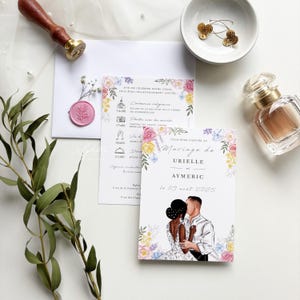 Wedding announcement, announcement with couple drawing, announcement France, pastel flowers