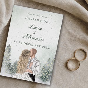 Faire-part Mariage, dessin couple, Faire-part Mariage France,  Mariage hiver, Wedding cards, hiver