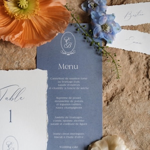 Menu Mariage, Menu bleu, Plan de table, Menus Mariage France, Papeterie de table, Numéro de Table
