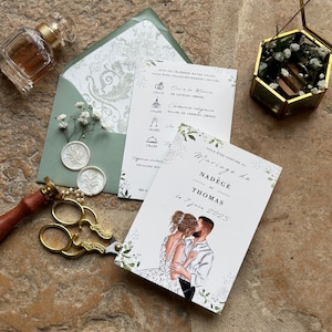 Wedding announcement, Illustrated announcement, Couple drawing, France announcement, Eucalyptus announcement